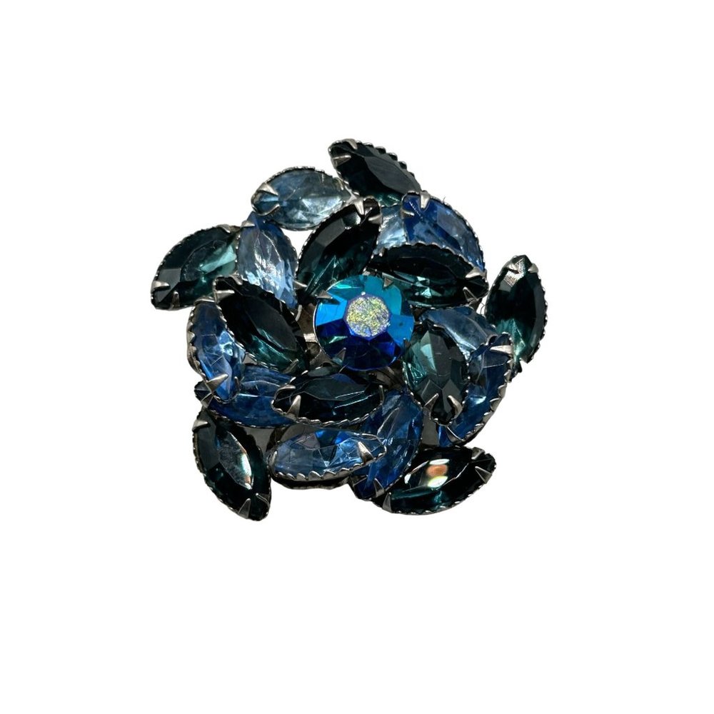 Vintage Layered Rhinestones Brooch Dark Blue Glass Stone Silver Tone Setting